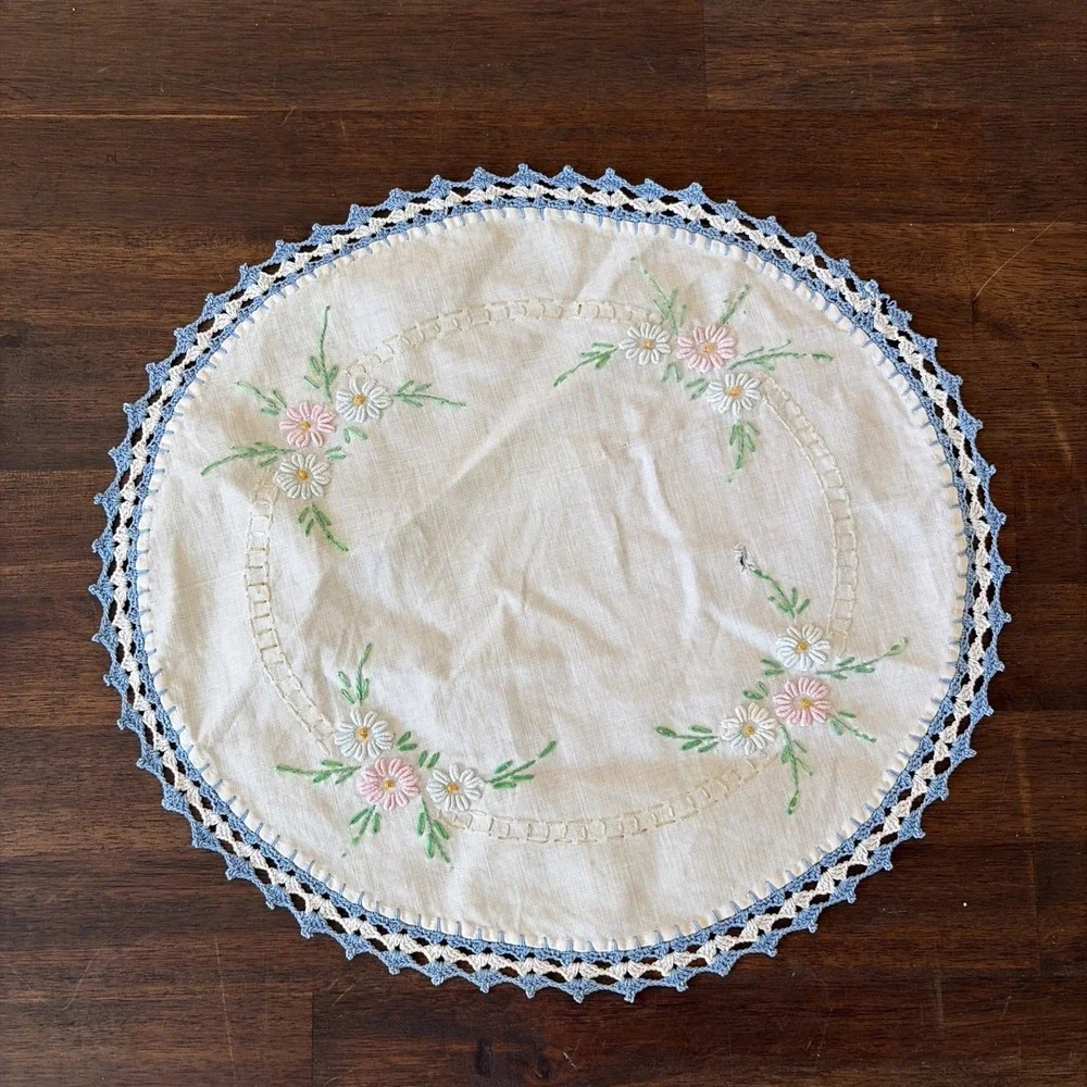 Vintage Floral Hand Embroidered Dollies (2) & Runner Floral Cottagecore Grandma